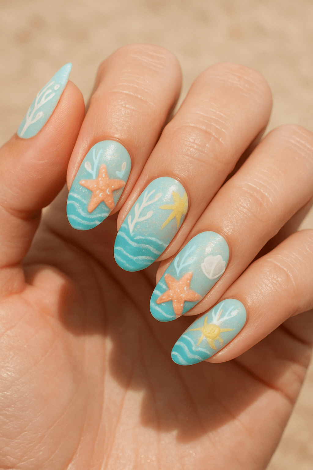 Up-close woman colorful beach nails with pastel blue base featuring white coral branches, peach starfish, soft yellow sun rays, wavy turquoise ocean lines, and delicate white seashell accents; finished with subtle gold shimmer highlights for a sophisticated beach vibe.