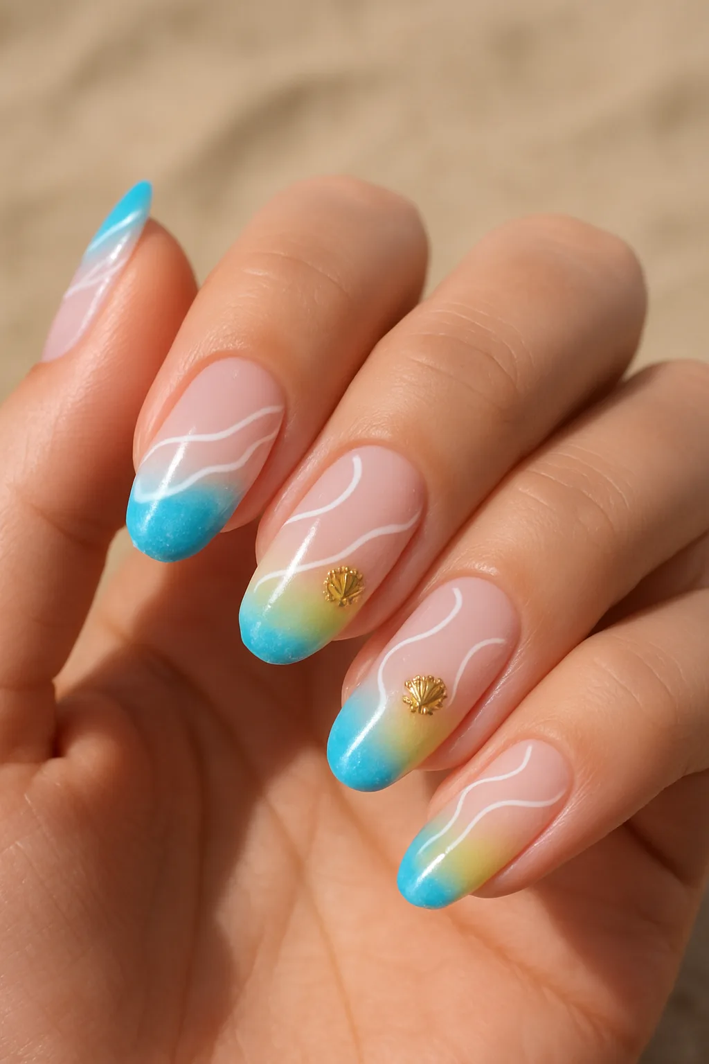 Turquoise ombre nails with white wave designs and gold shell charms