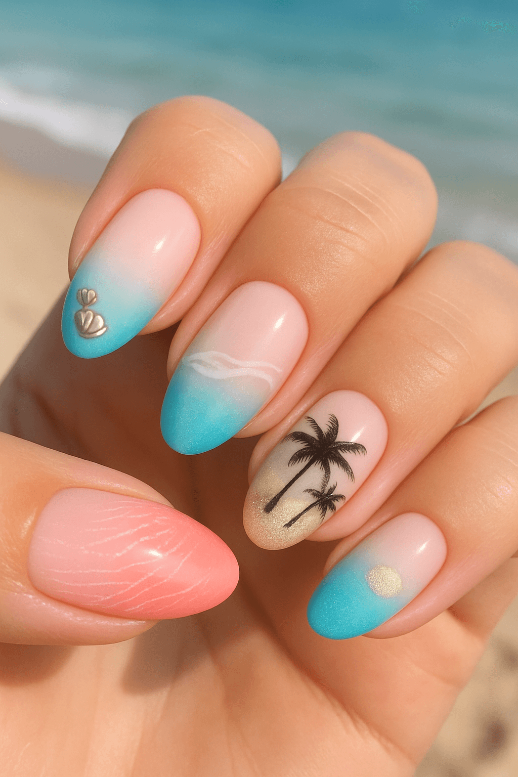 Turquoise and sandy nail art with palm tree details