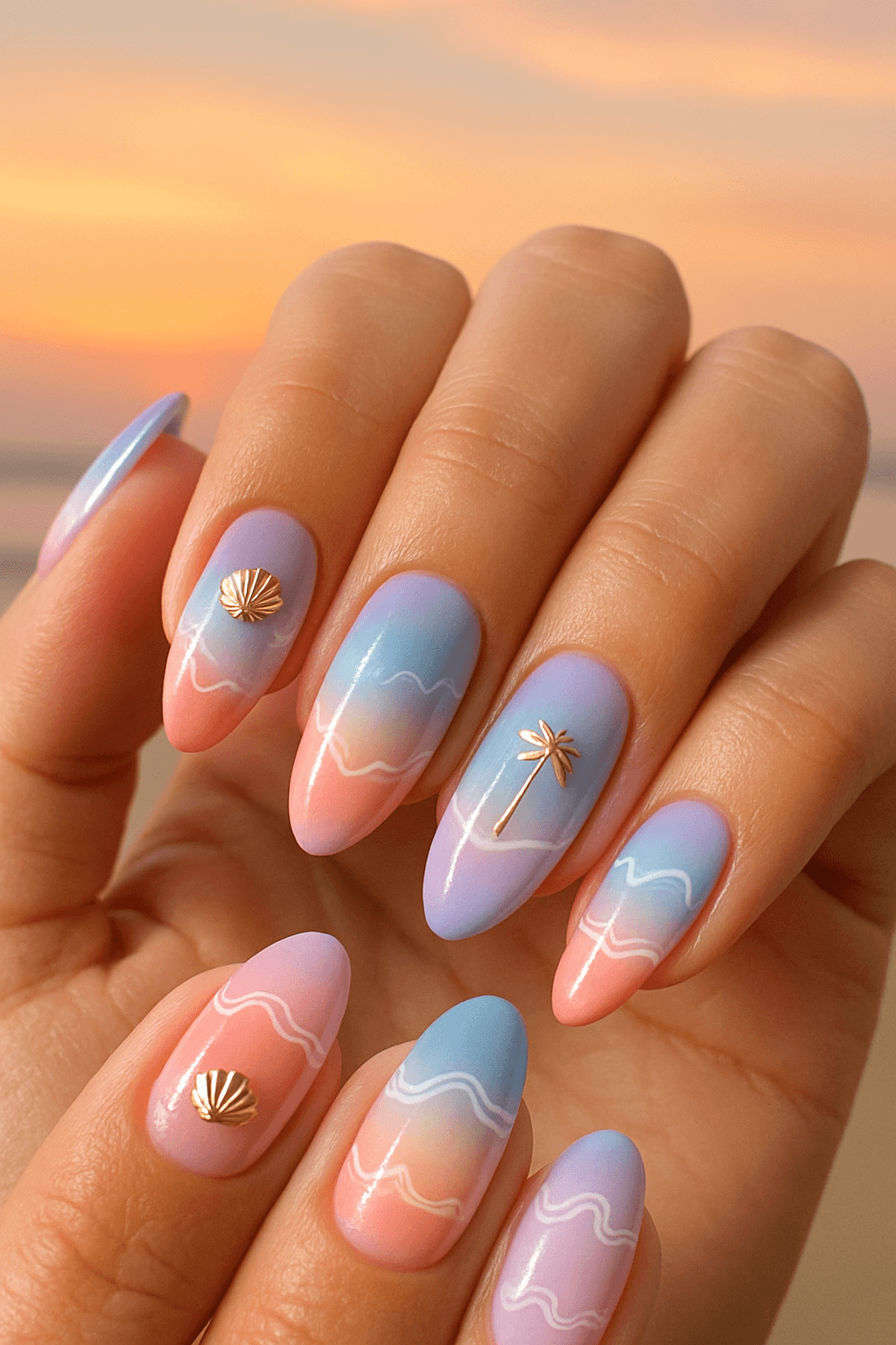 pastel ombre beach nails with white waves and gold shell and palm charms