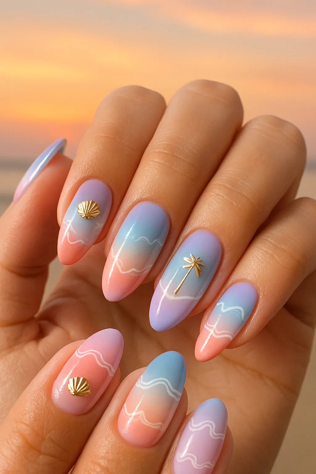 pastel ombre beach nails with white waves and gold shell and palm charms