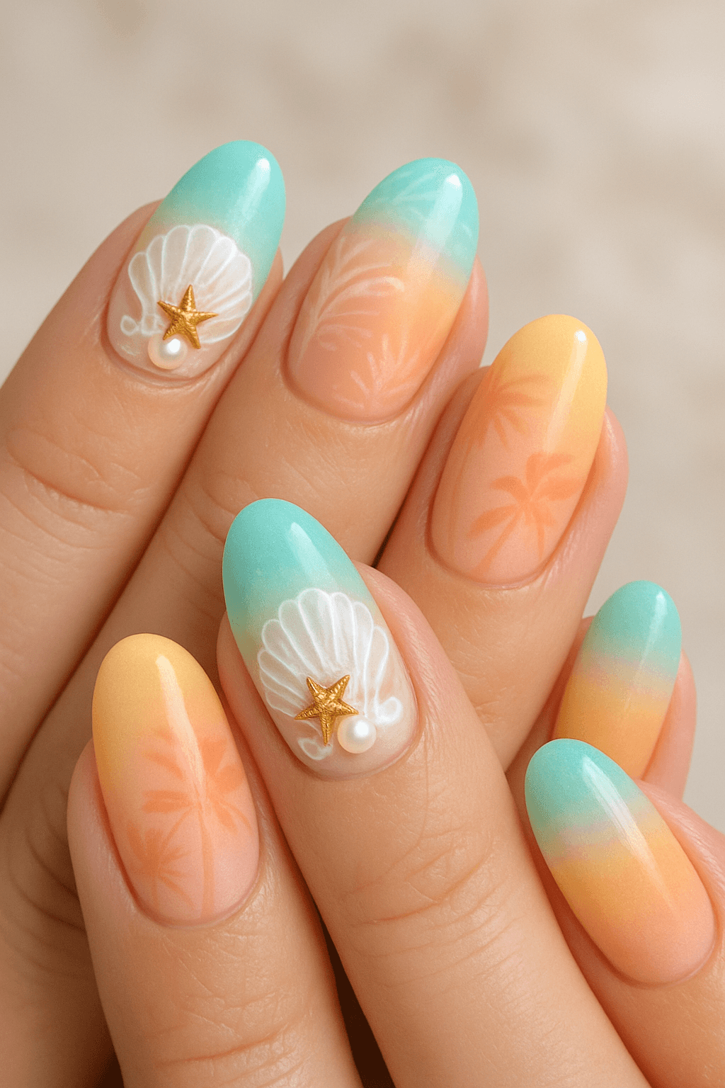 Gradient blue, peach, and yellow nails with shell and palm tree designs