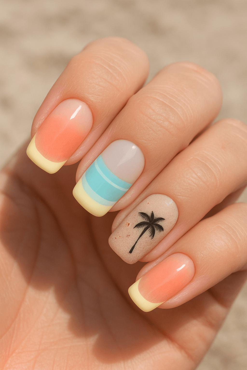 Beach-themed pastel ombre nails with a palm tree accent