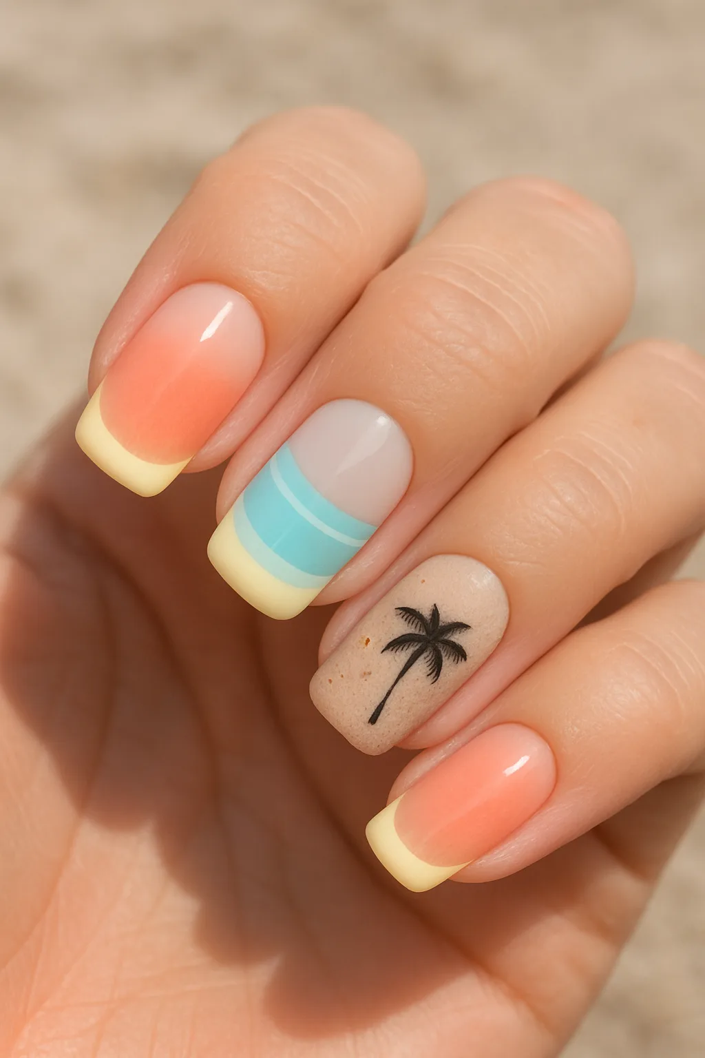 Beach-themed pastel ombre nails with a palm tree accent