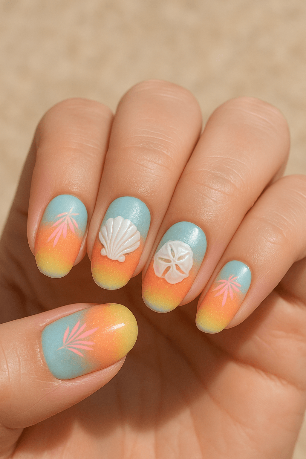 Colorful ombre nails with seashell and palm accents