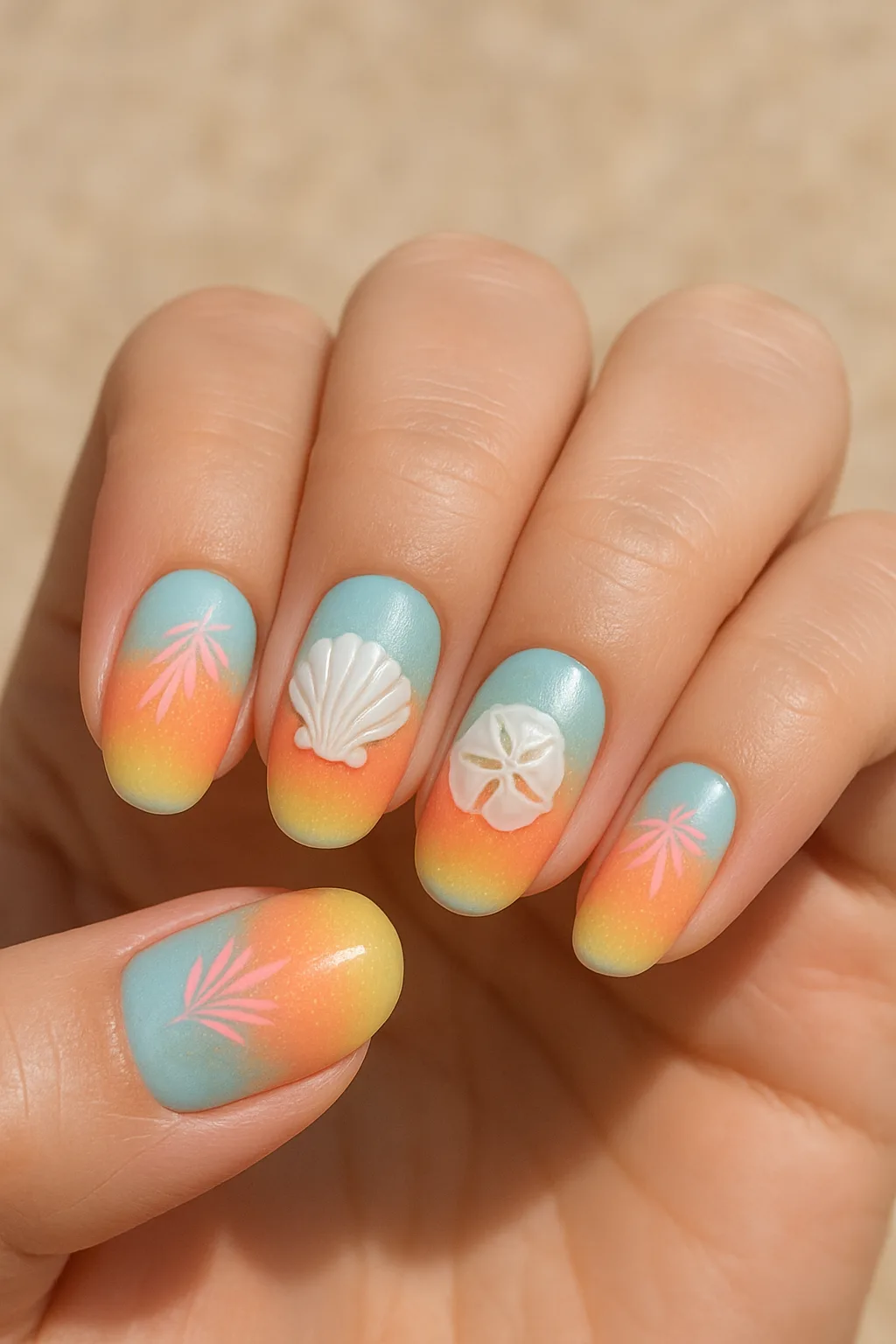 Colorful ombre nails with seashell and palm accents