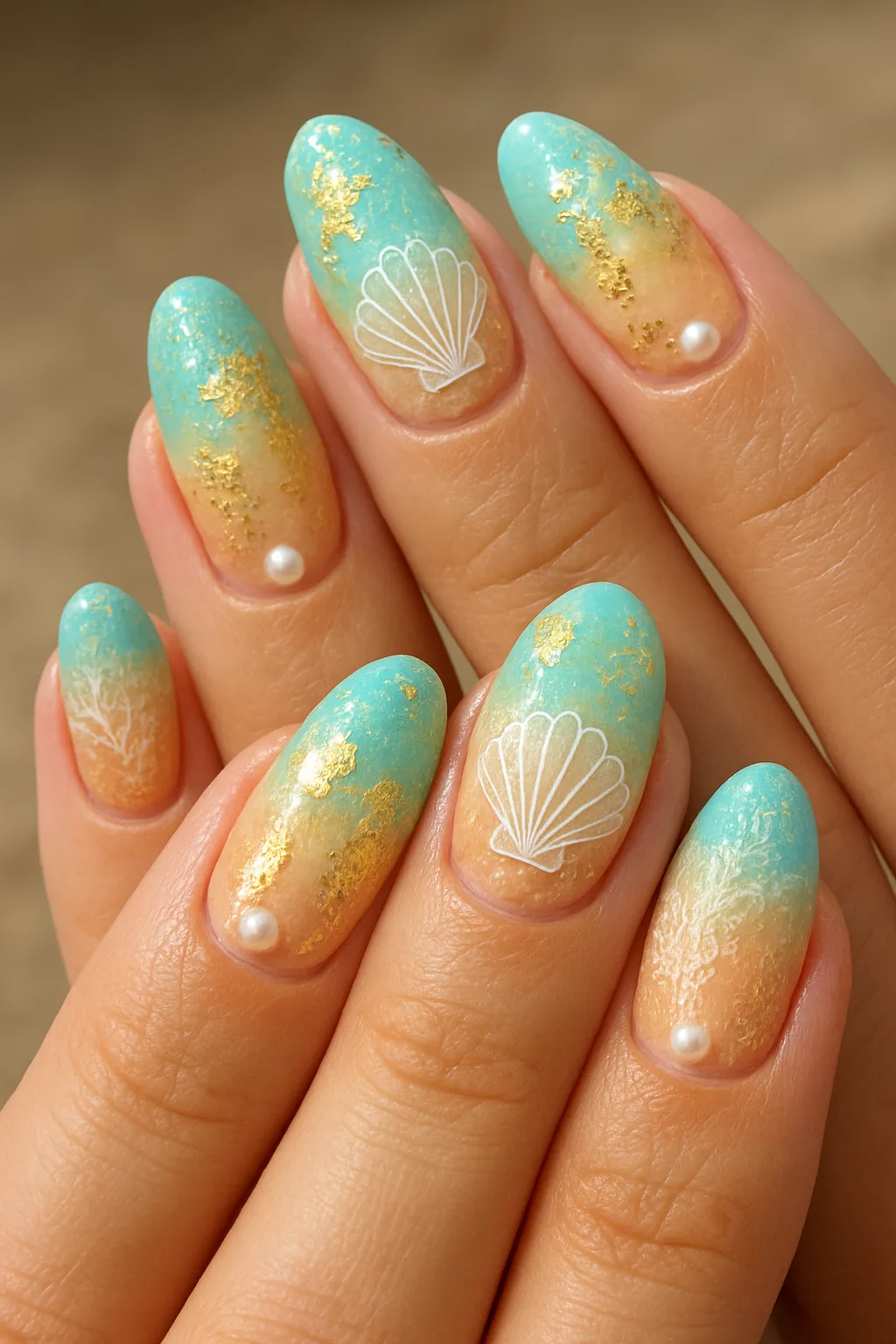Aqua and gold ombre nails with shell art and pearl accents