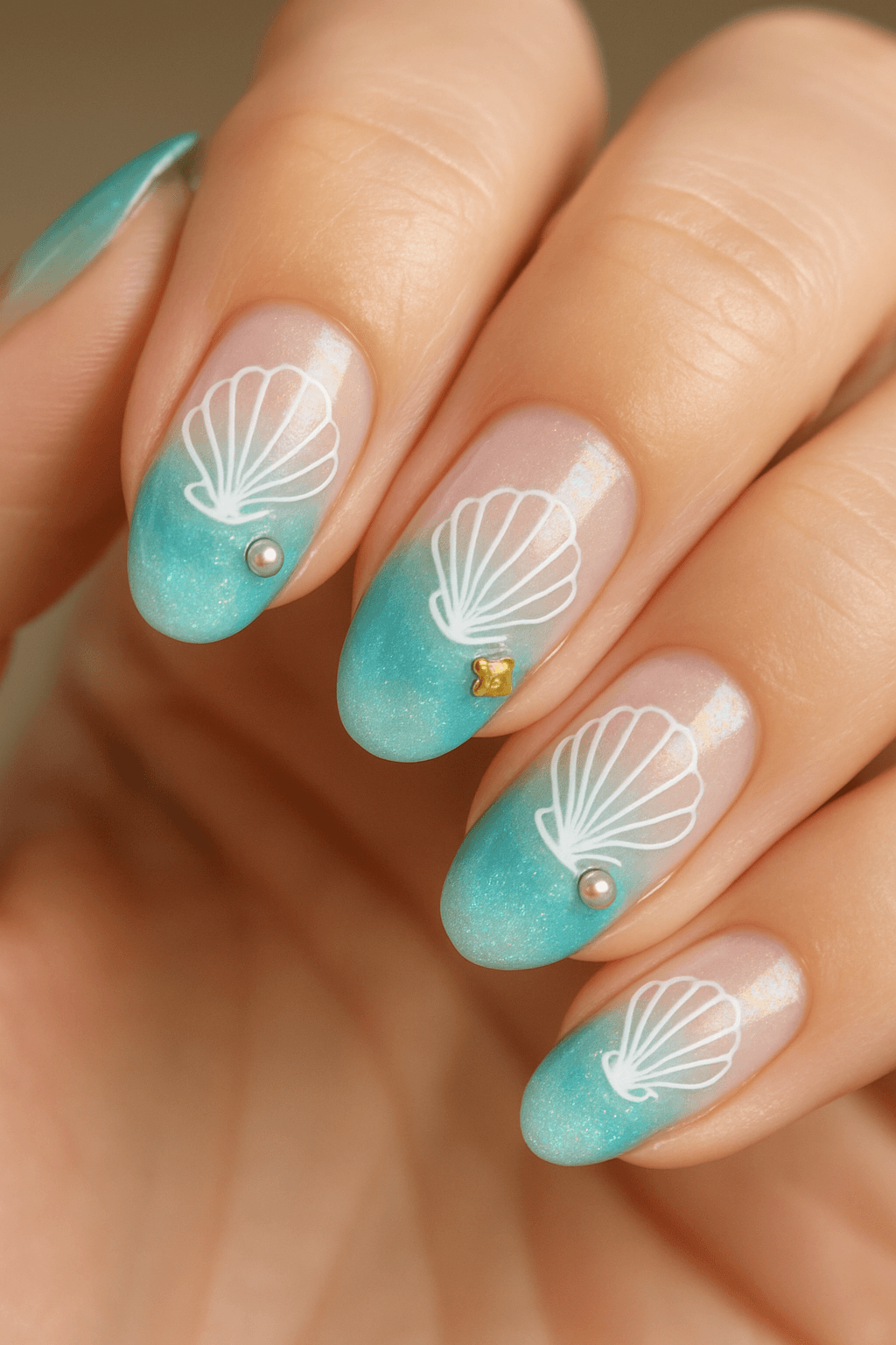 Turquoise ombre nails with white seashell designs and pearl accents
