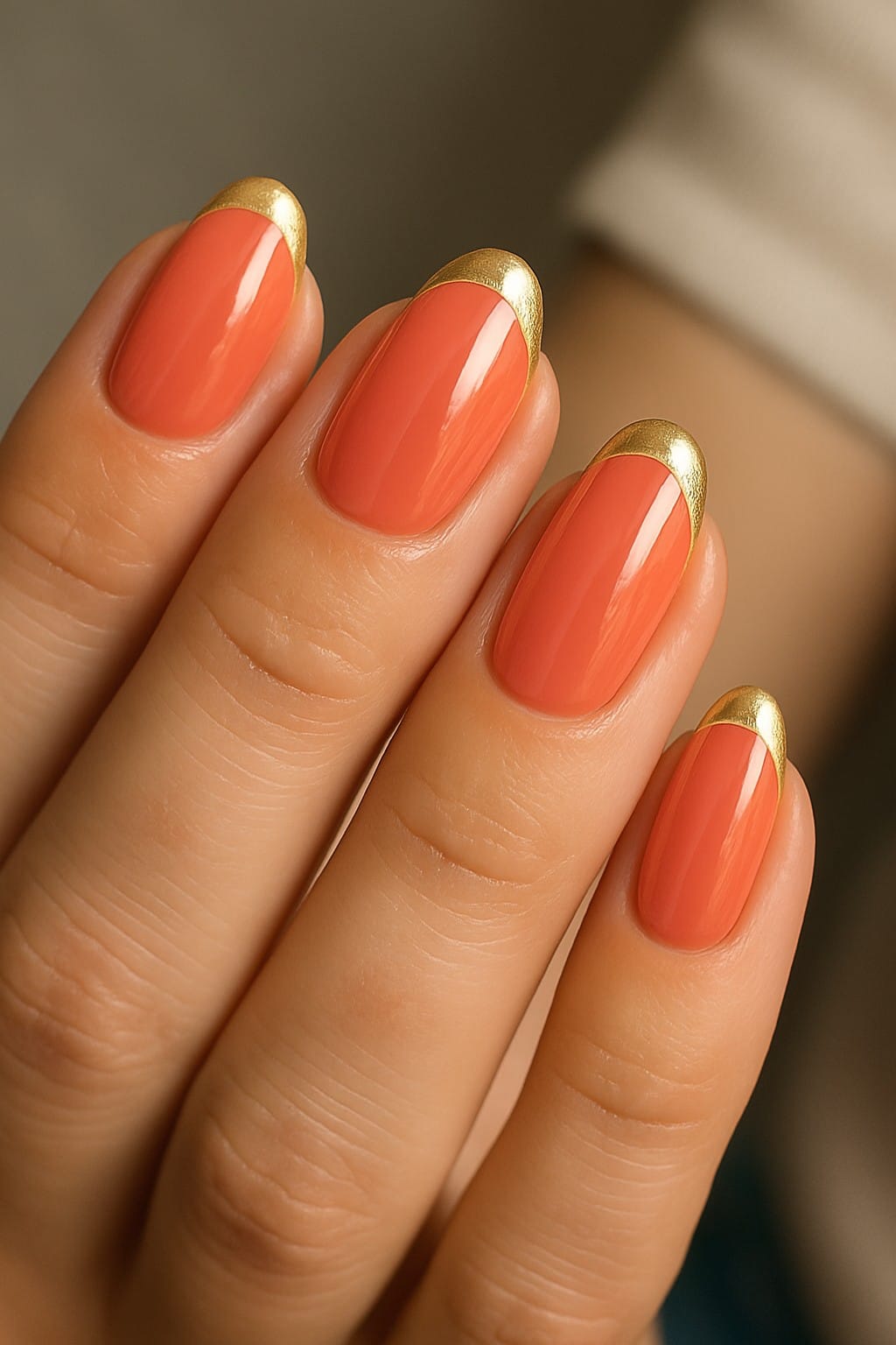 Coral almond nails with shiny gold French tips
