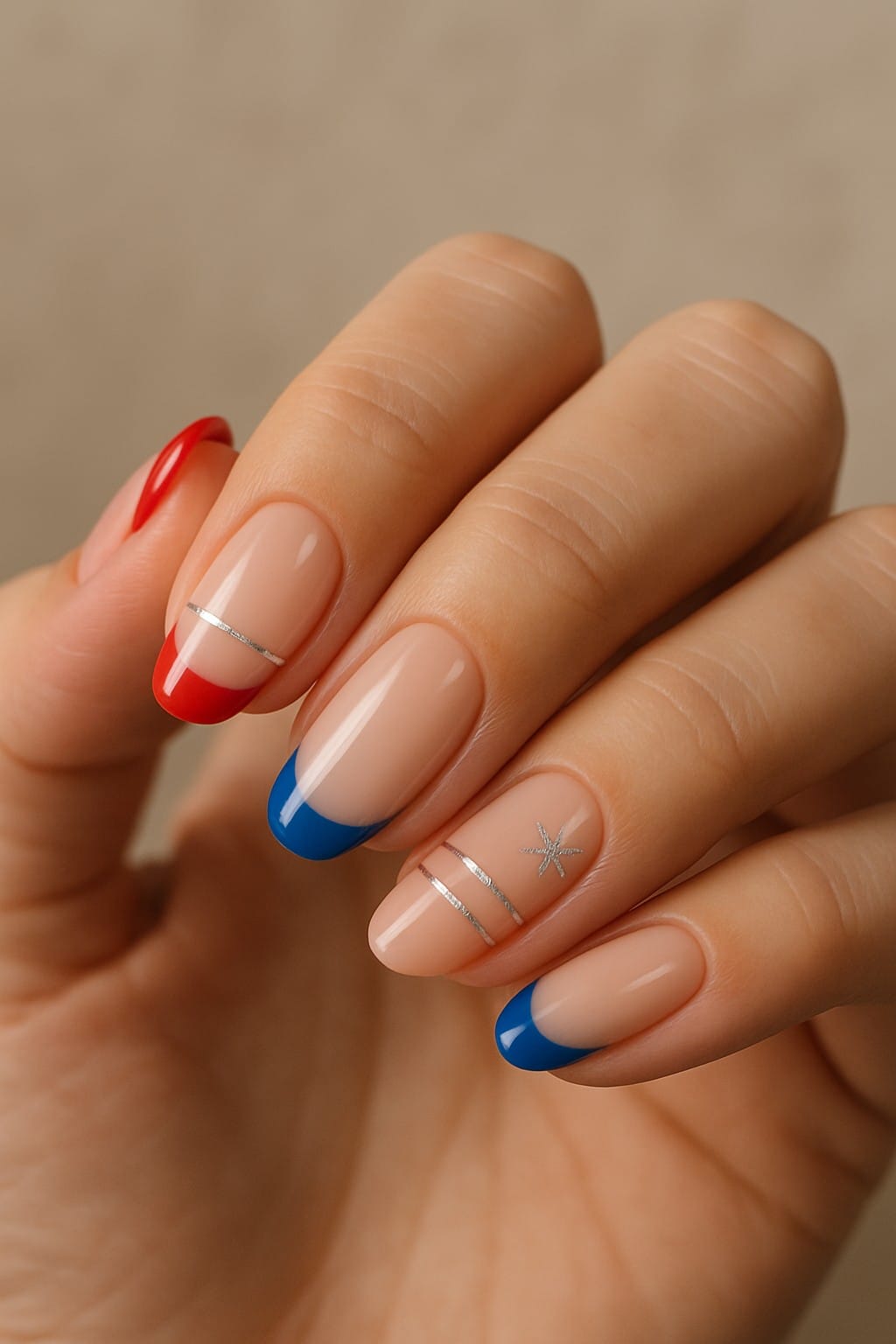 Nude nails with blue and red tips, silver stripes, and a small metallic star