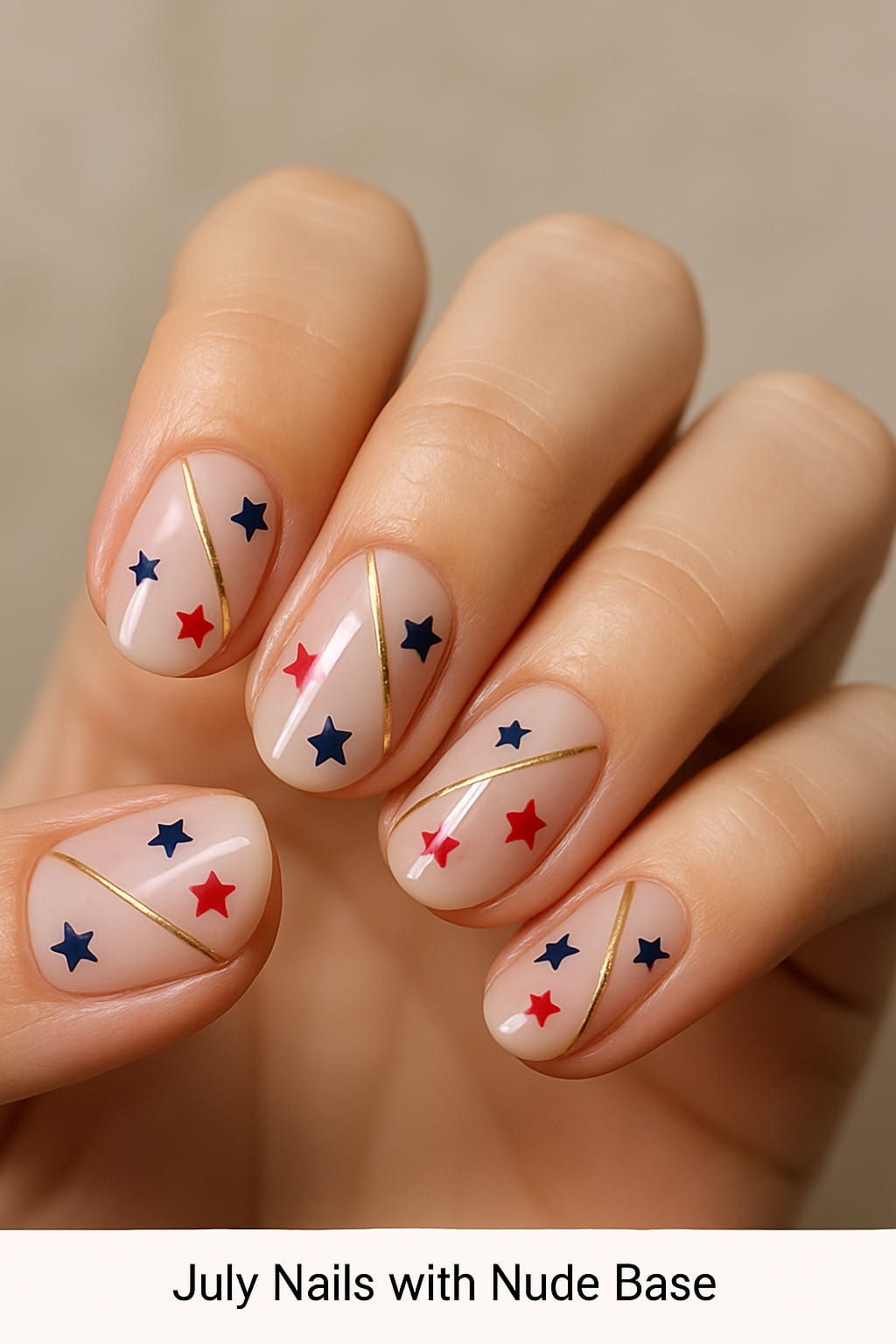 Nude nails with red and blue stars and gold diagonal lines
