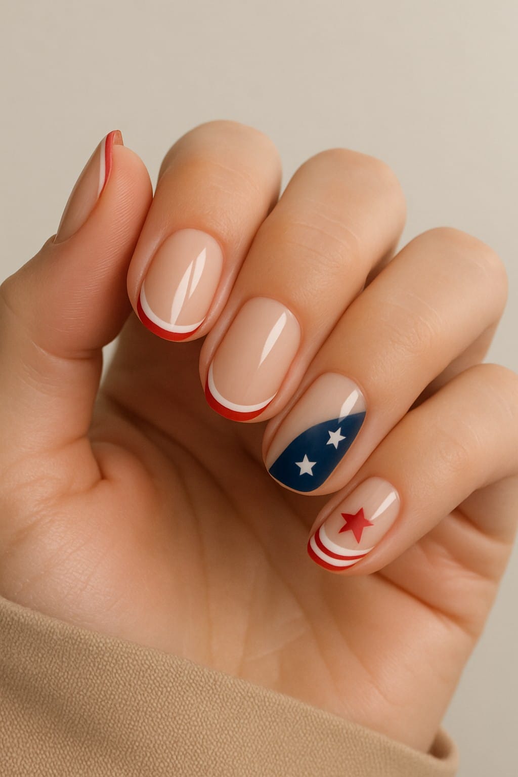 Short patriotic nail art with red tips, stars, and blue accents