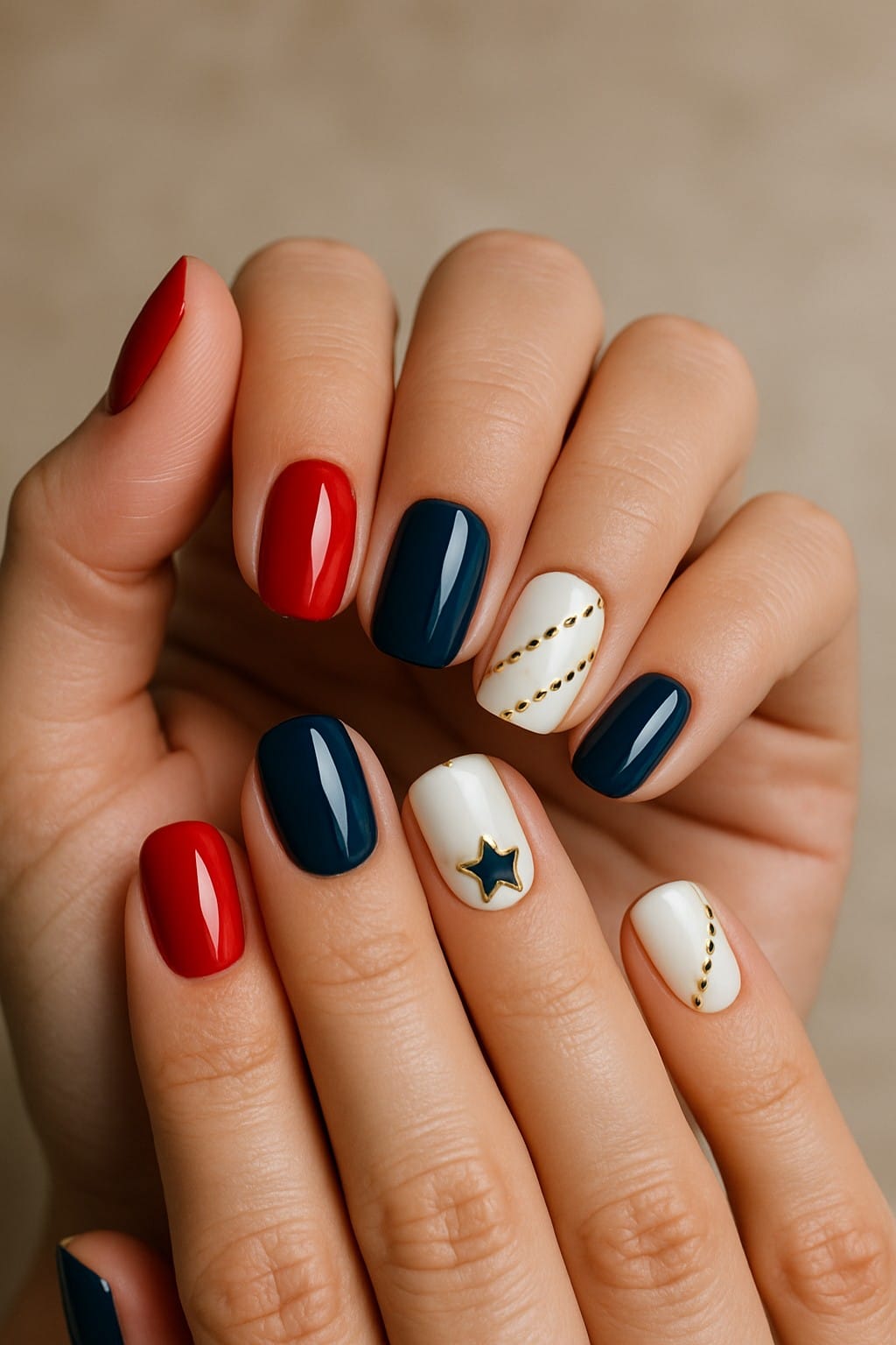 Glossy red, blue, and white nails embellished with gold dots and a star charm