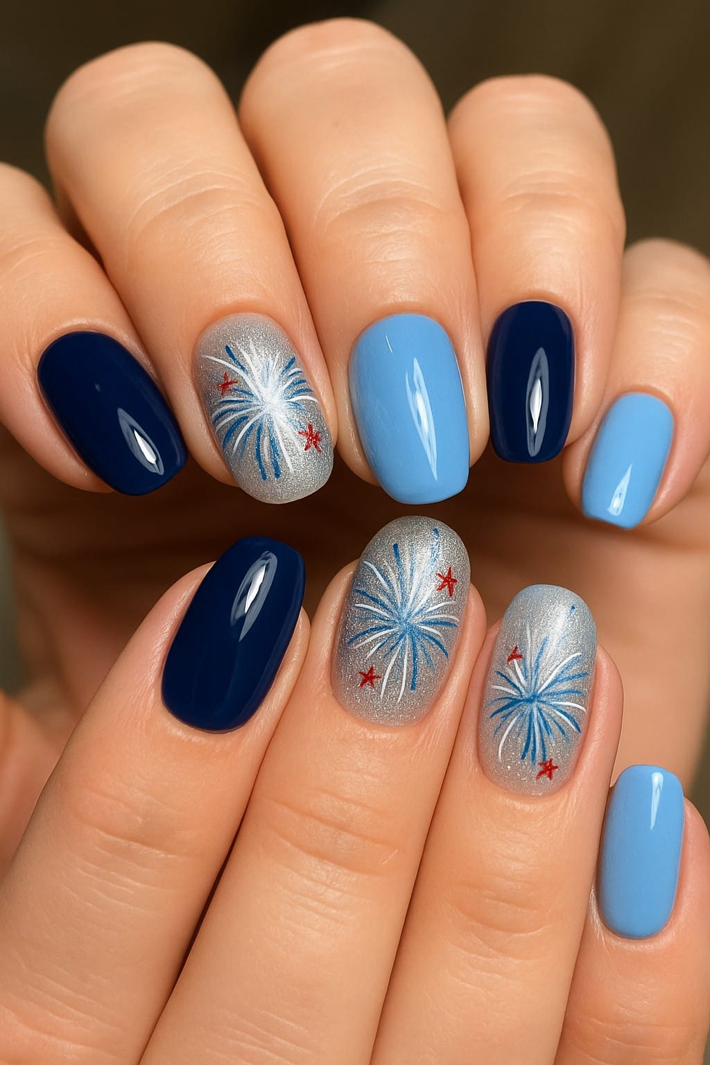 Blue and silver nails with fireworks and red star accents