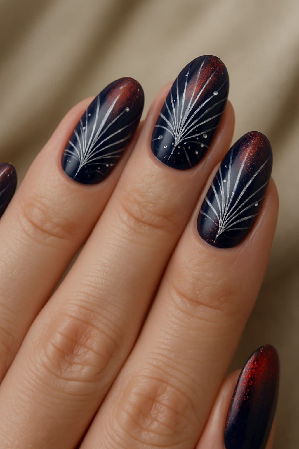 Navy nails with red shimmer and silver firework designs