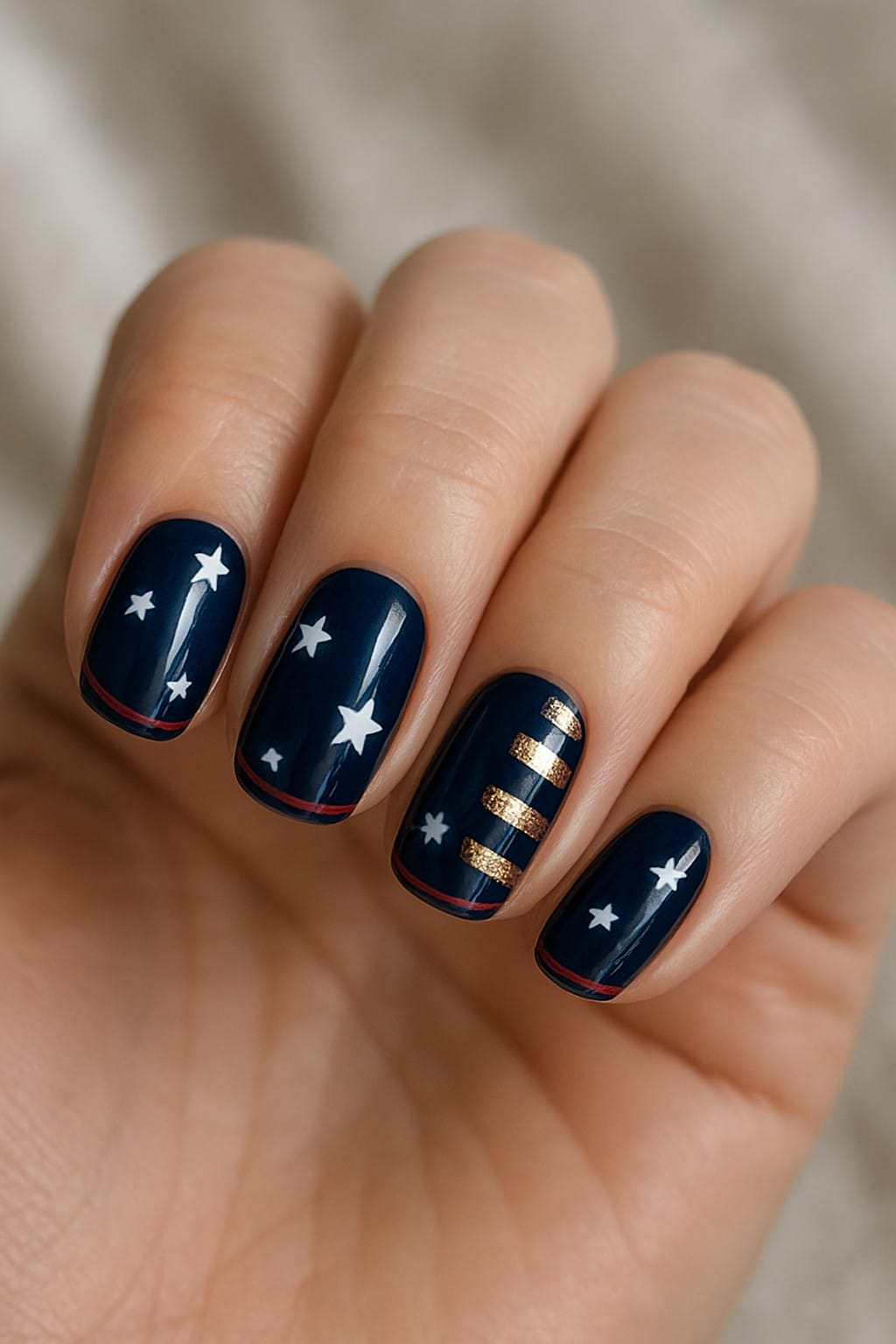 Navy nails with stars and gold stripes