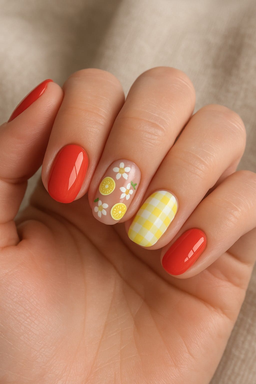 Bright lemon and daisy nail art with yellow check pattern and bold coral polish