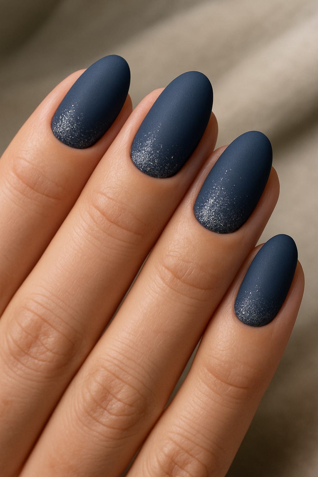 Matte navy nails with silver shimmer at the tips