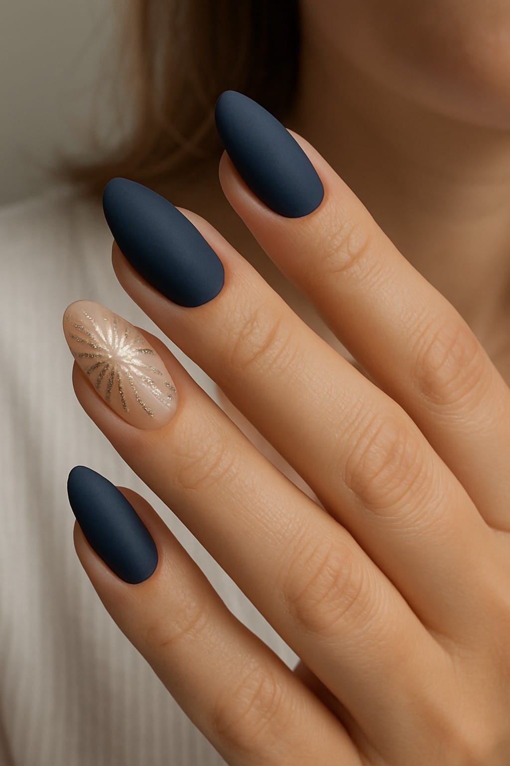 Navy matte nails with gold burst accent