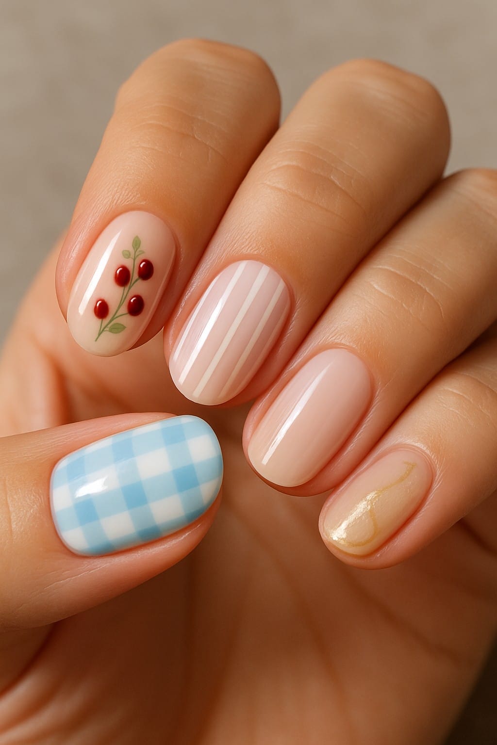 Blue checkered nail art, cherry design, and soft pink stripes