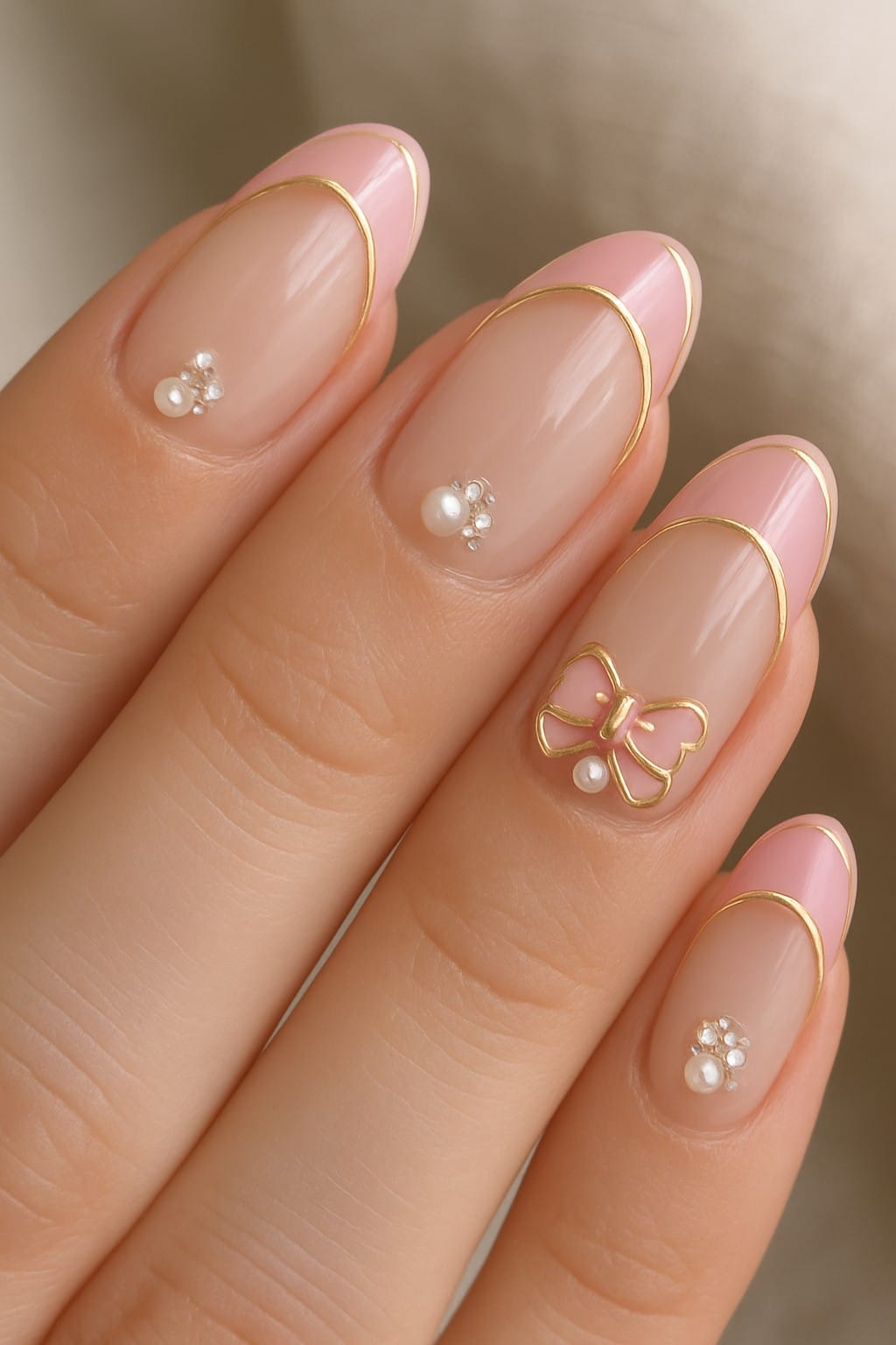 Pink french tip nails with golden lines and pearl charms