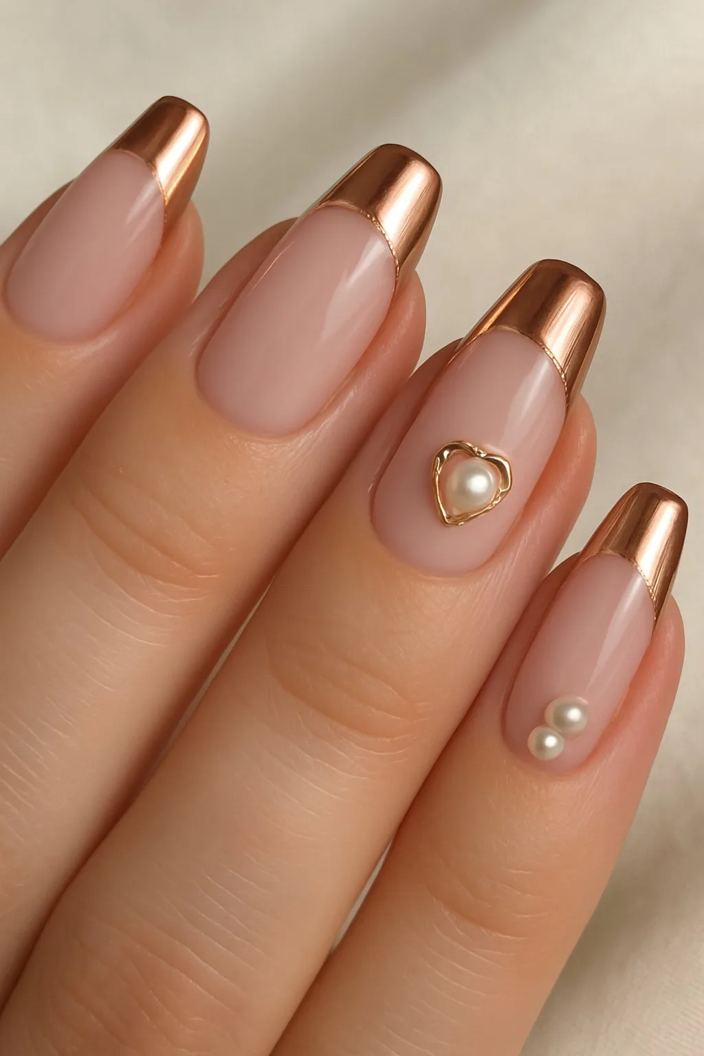 Elegant nails with shiny rose gold tips and dainty pearl charms