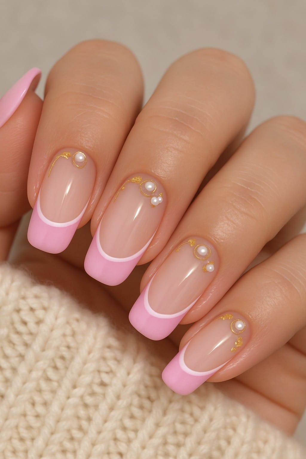 Pink tip nails with pearls and gold accents