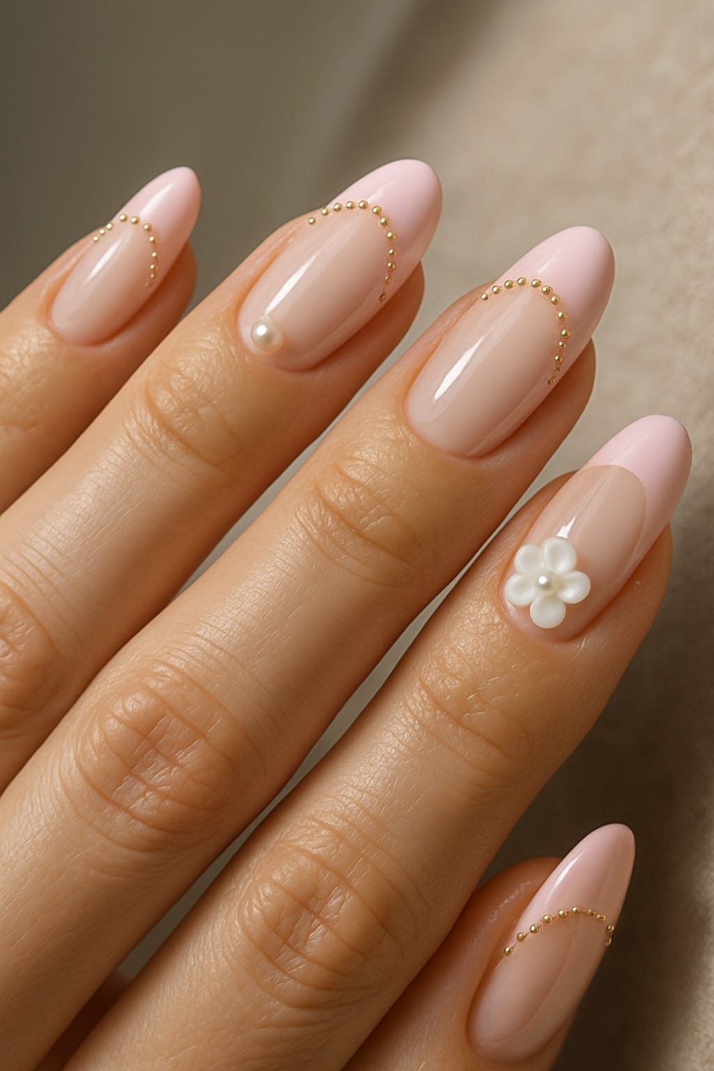 Pink french tips with pearl and flower nail charms