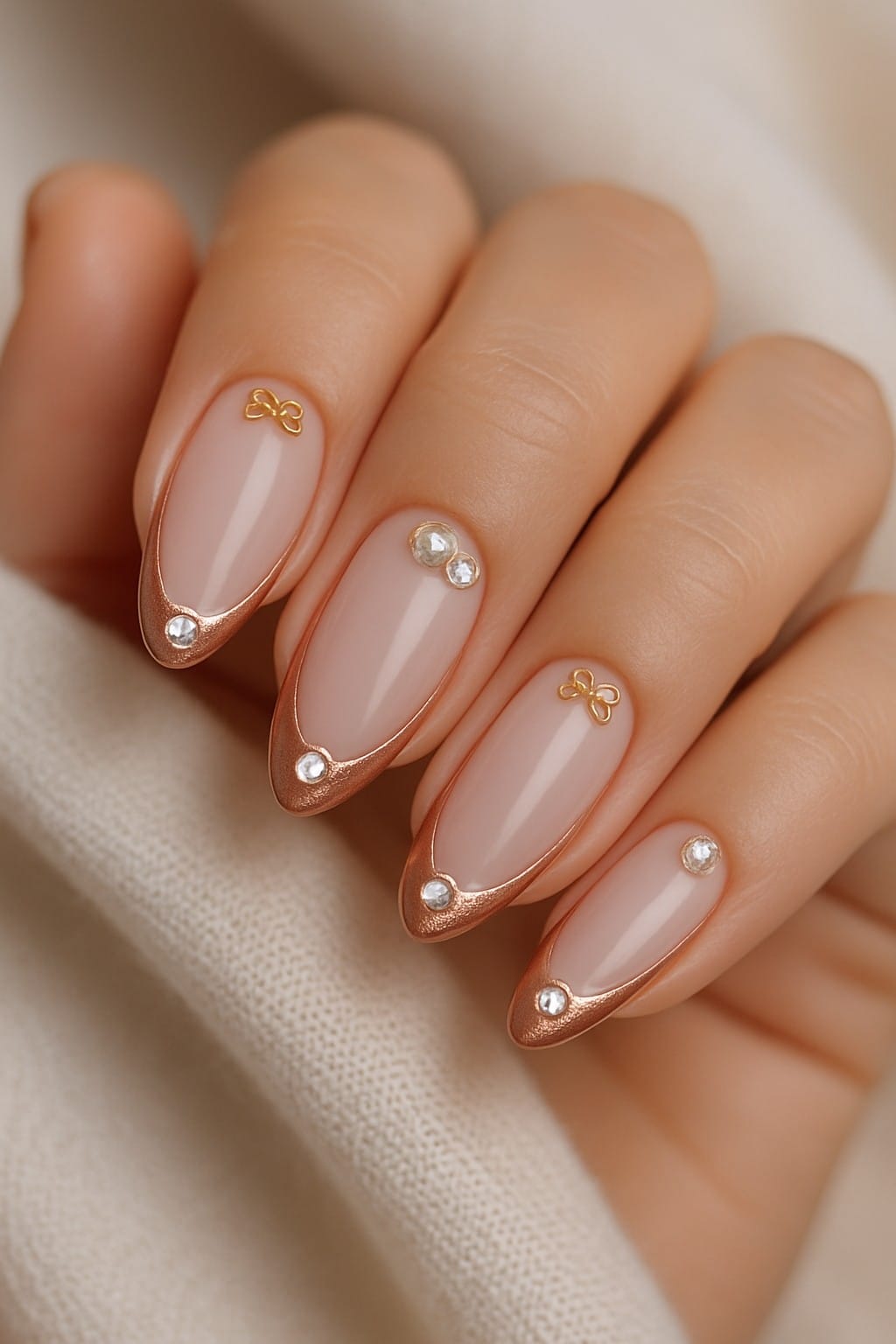 Shimmery pink french tips with gold bow charms and pearl accents