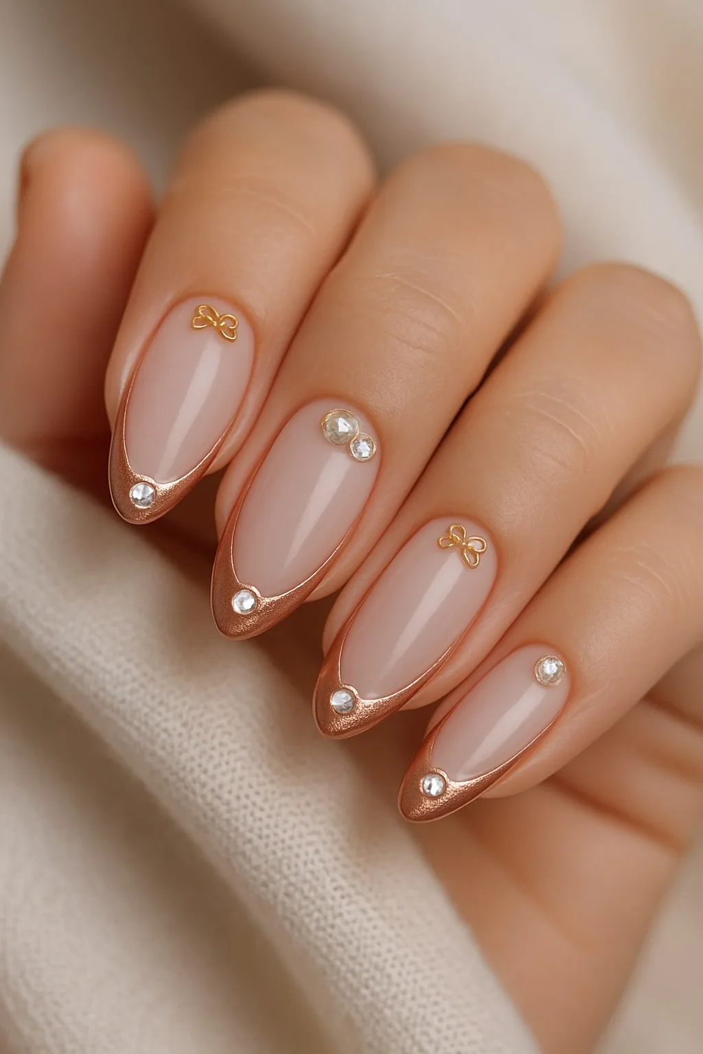 Shimmery pink french tips with gold bow charms and pearl accents