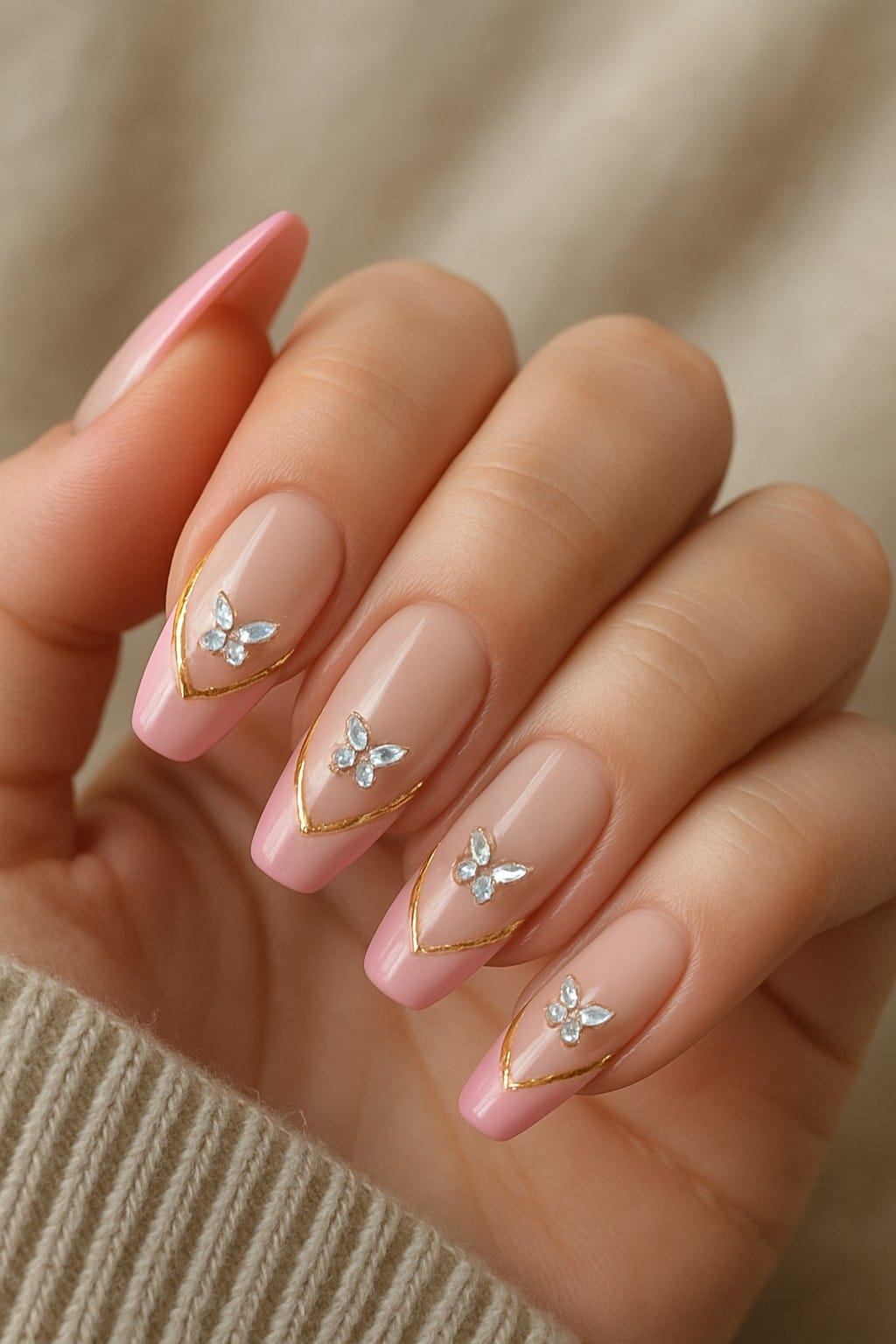 Pink French tips with gold lines and butterfly-shaped crystal charms