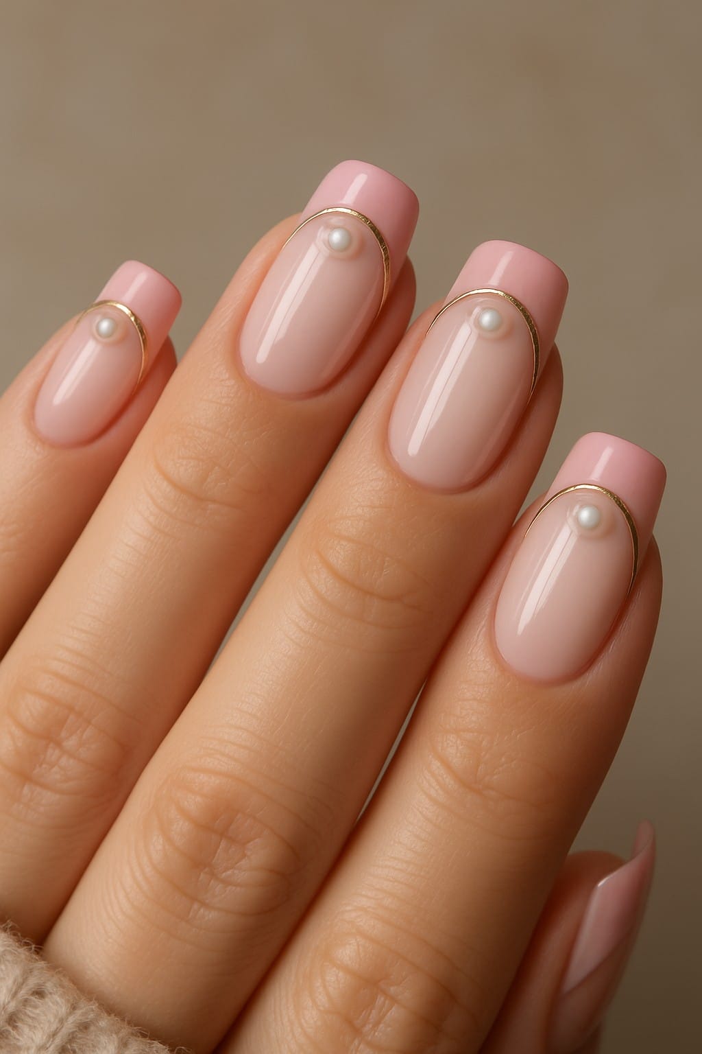 Soft pink French tips with gold lines and pearl charm accents