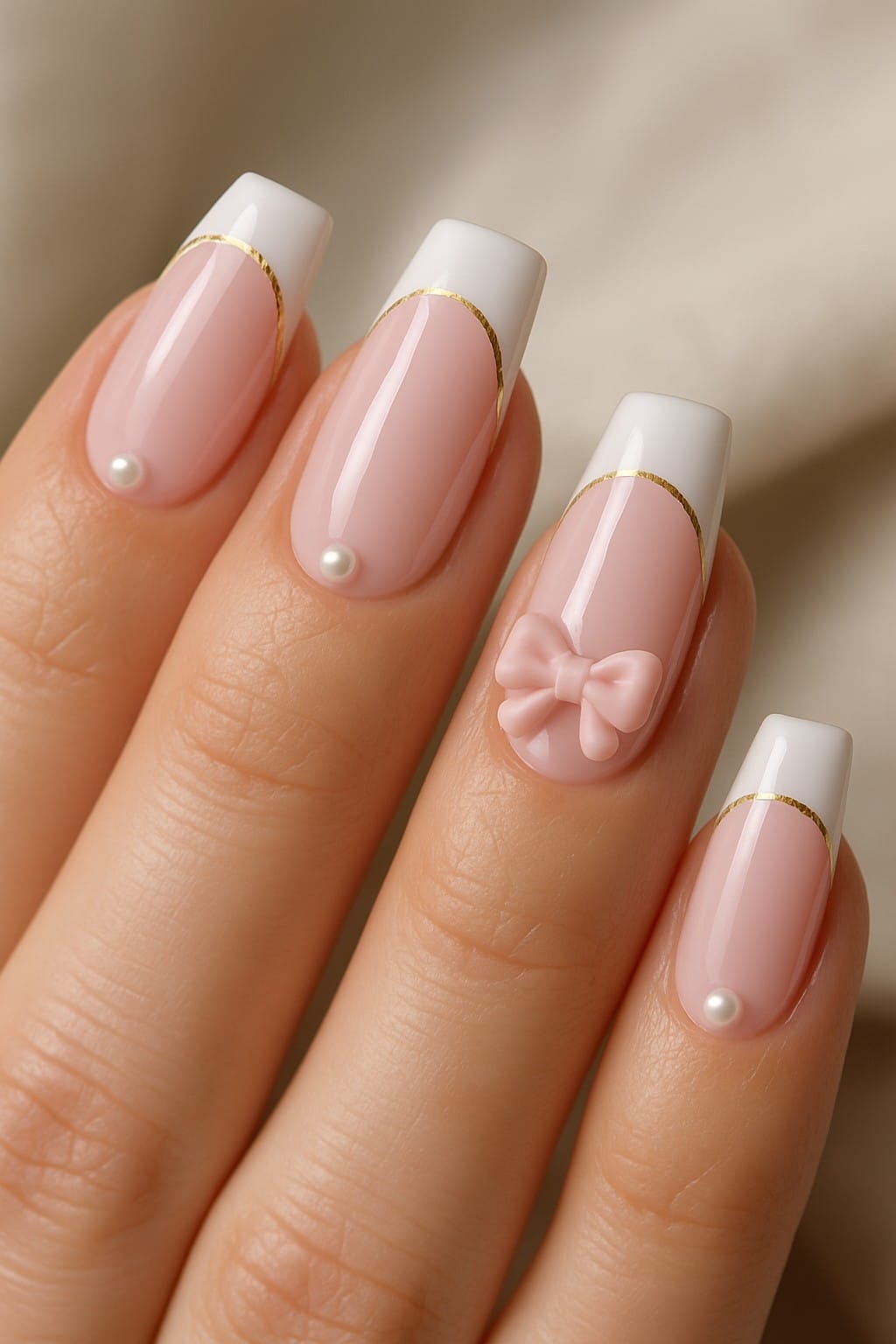 Pink french tips with pearls and gold accent lines