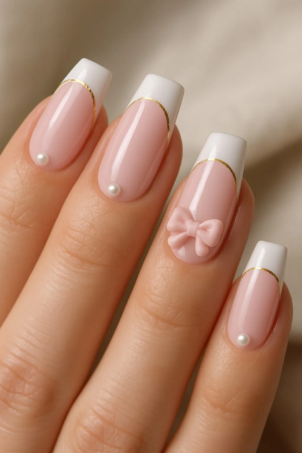 Pink french tips with pearls and gold accent lines