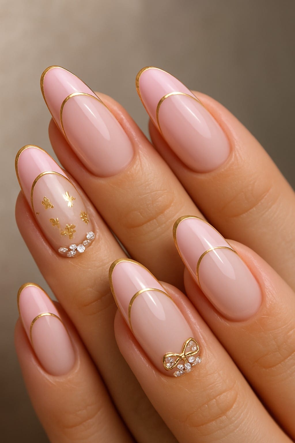 Pink french tips with gold outlines, adorned with gold charms and sparkling accents