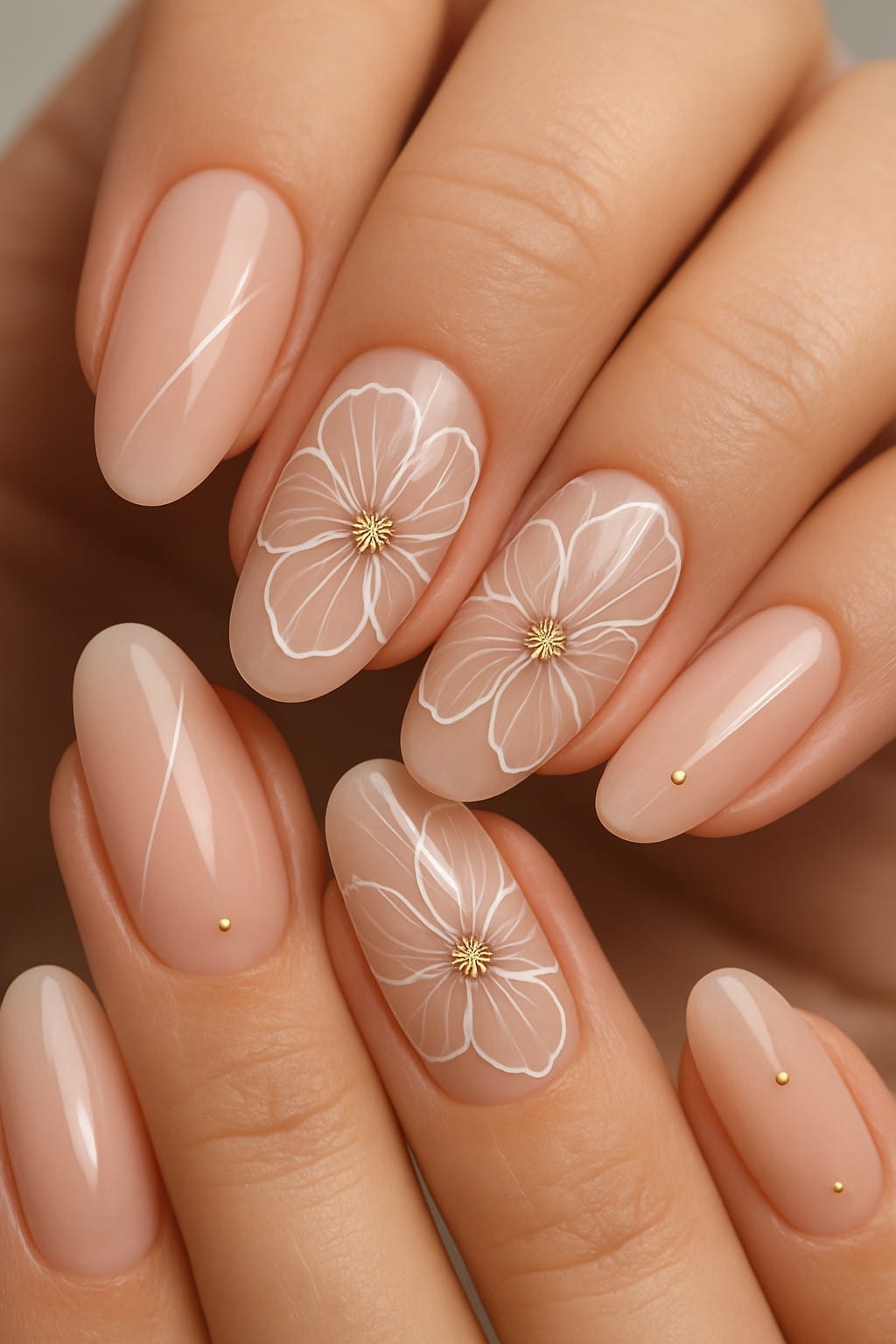 Nude almond nails with white hibiscus flowers and gold dot accents