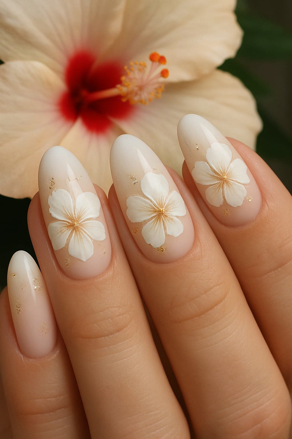 White hibiscus flower nail art with gold flecks on almond-shaped nails