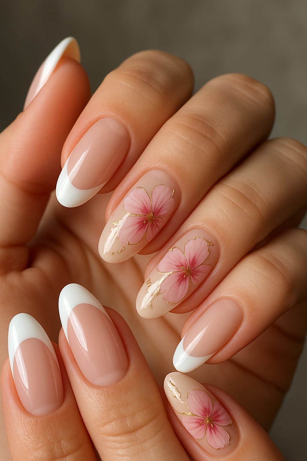 French nails with pink hibiscus flowers and gold details