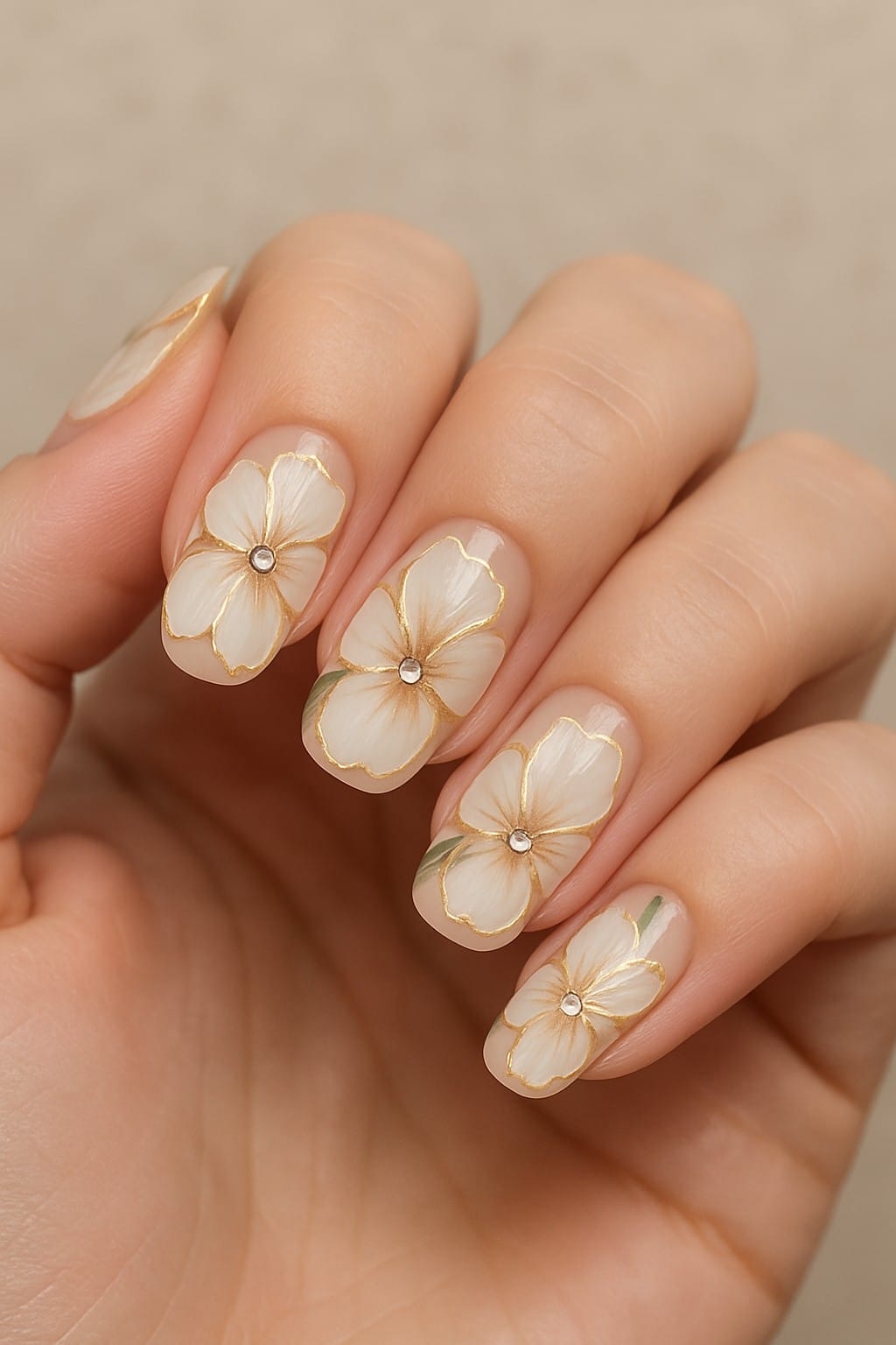 Creamy hibiscus flowers with gold details on nude nails