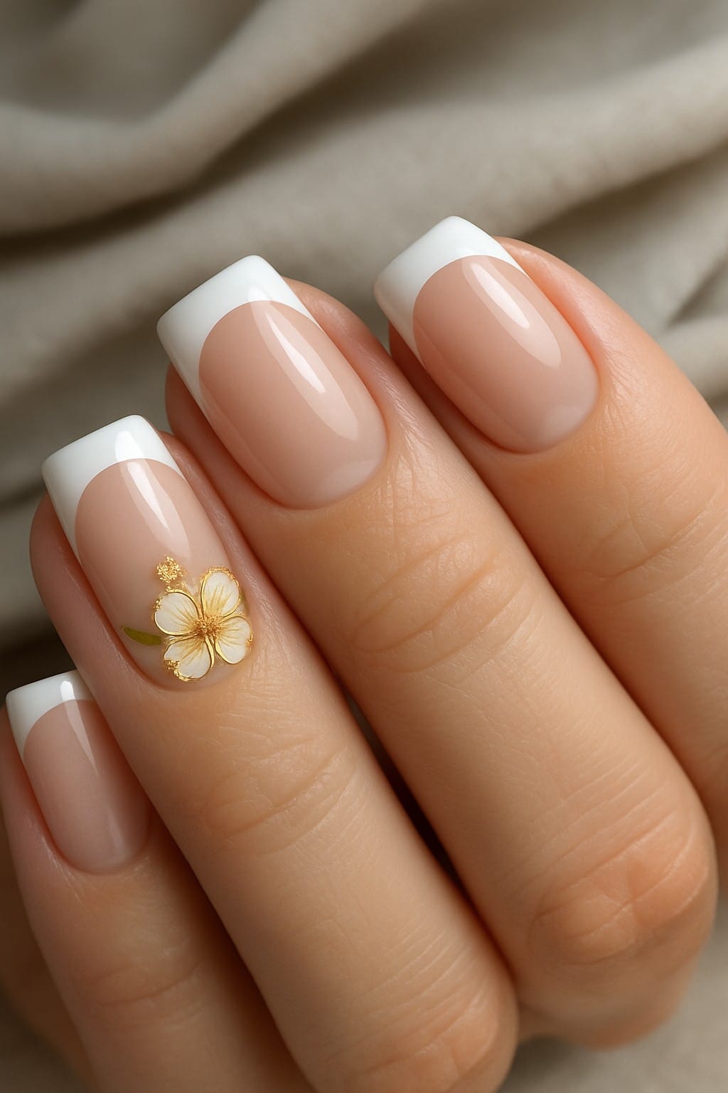 French manicure with gold-outlined hibiscus on ring finger