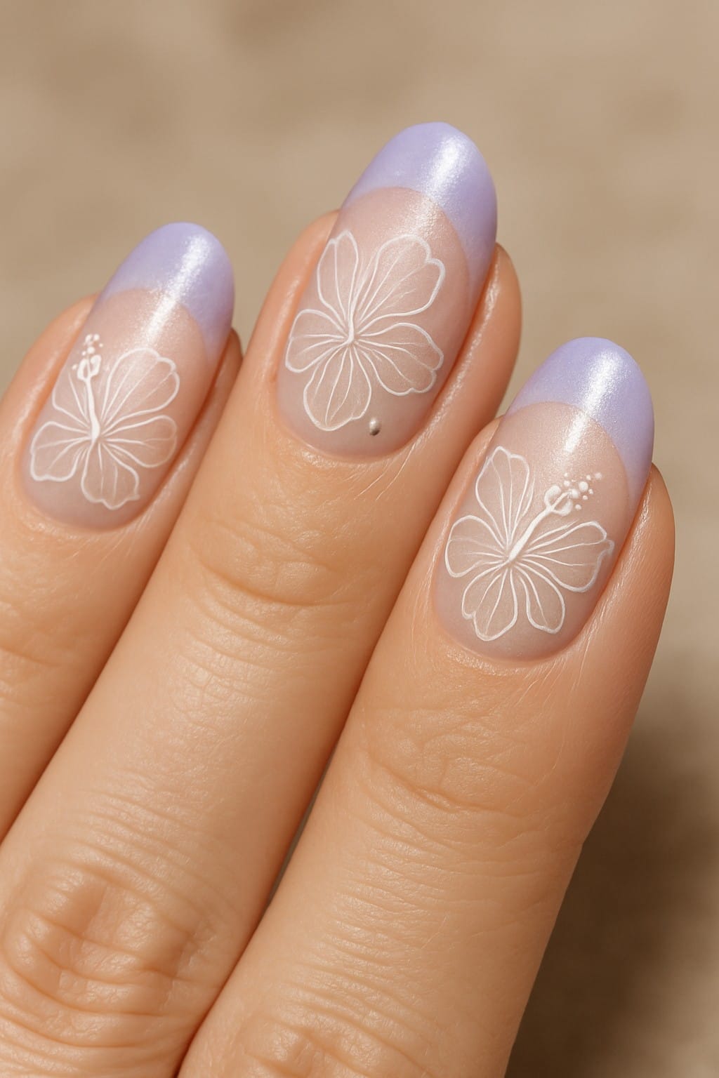 Hibiscus flower french tips with purple and white detailing