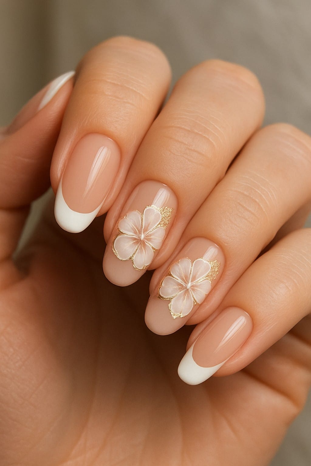 Neutral nails with white hibiscus flowers and gold details
