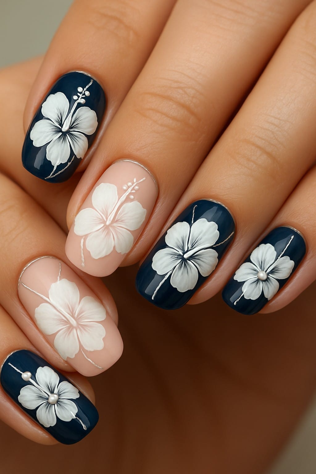 Navy and nude nails with white hibiscus flower art