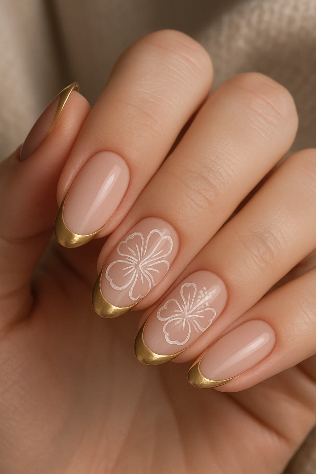 Nails with gold French tips and white hibiscus flower designs