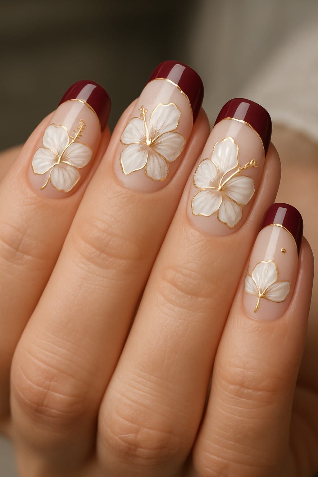 White hibiscus flowers with gold outlines on sheer nails and burgundy French tips