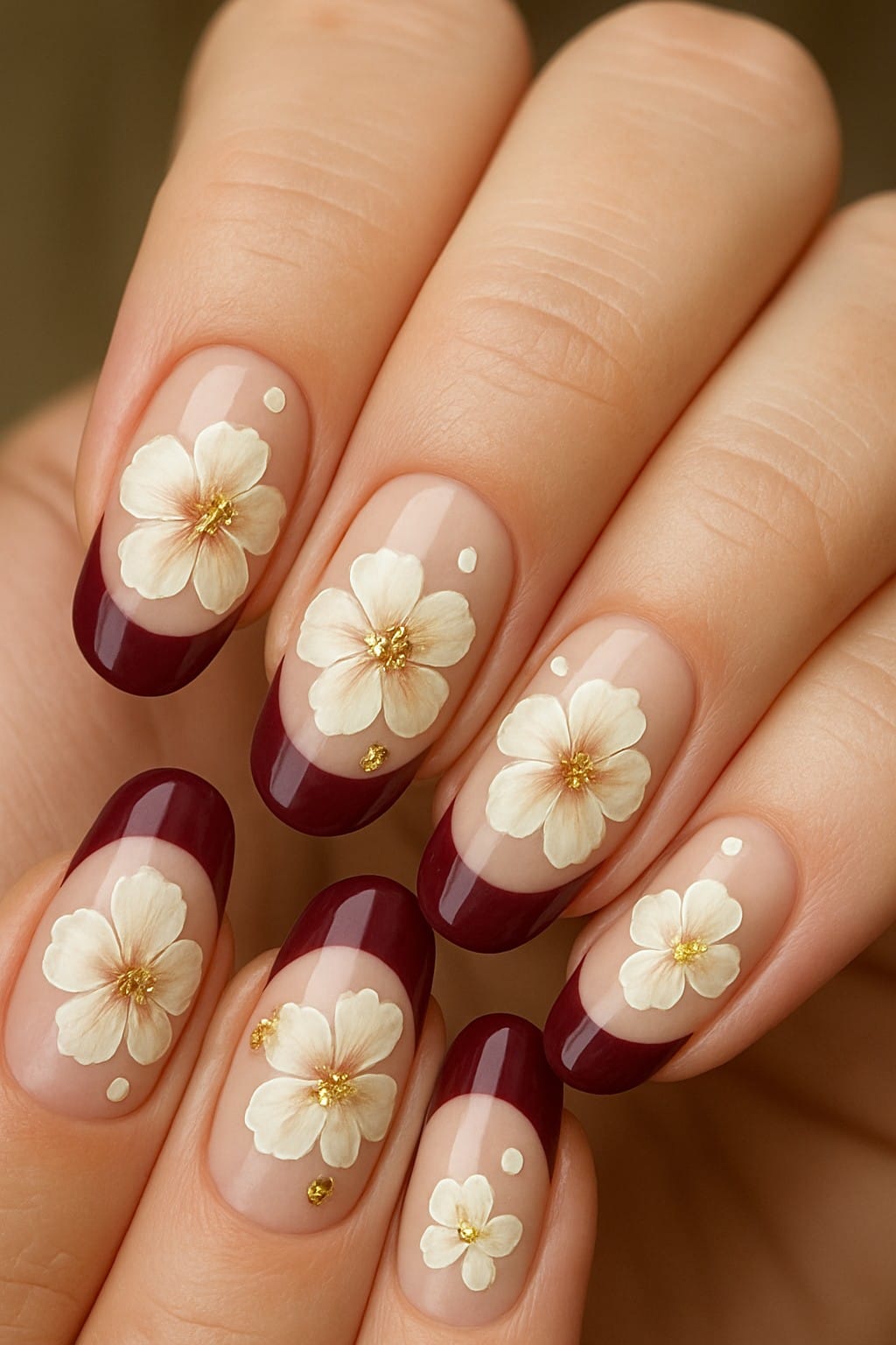 Creamy hibiscus flowers on maroon French tip nails