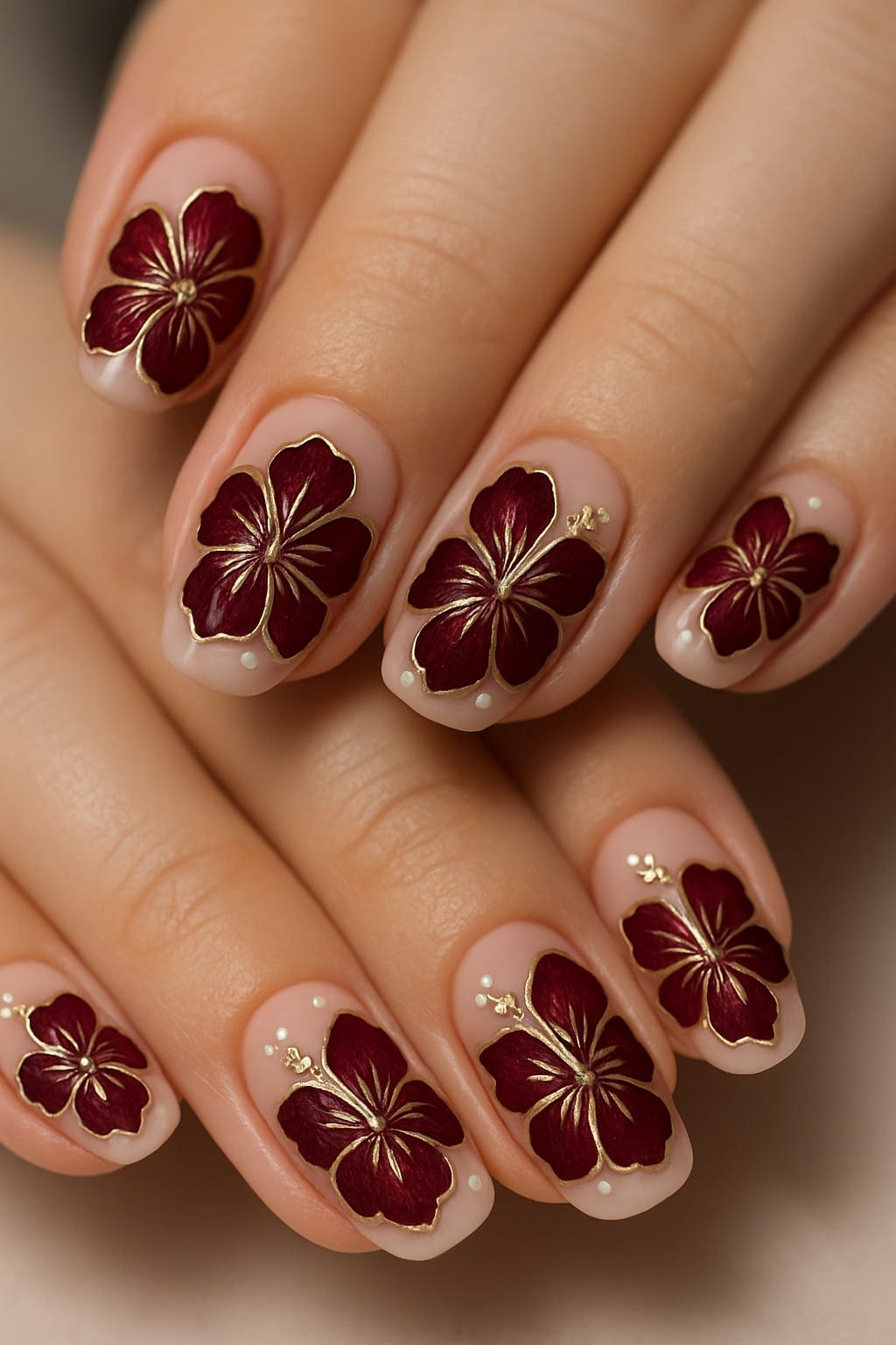 Deep red hibiscus flowers outlined in gold on natural nails