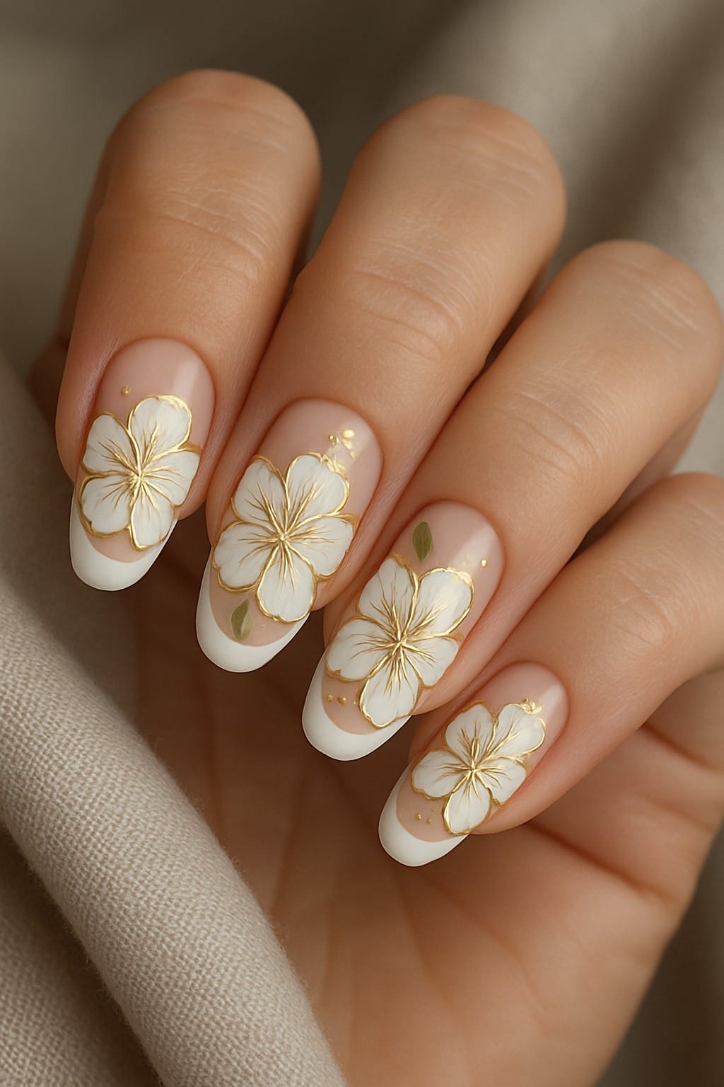 Almond nails with white hibiscus flowers and gold accents