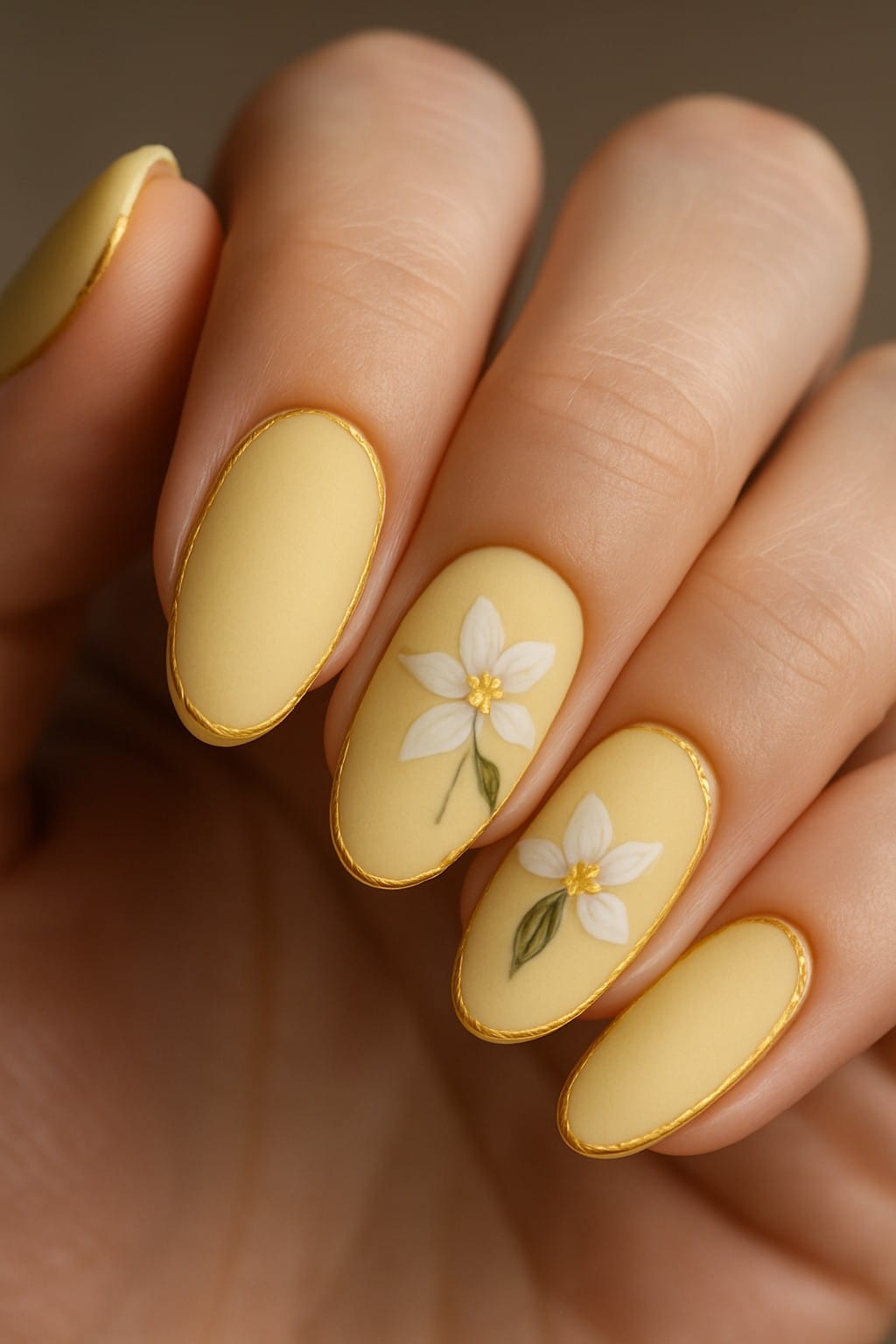 Pastel yellow nails with white blossom accents and golden edges