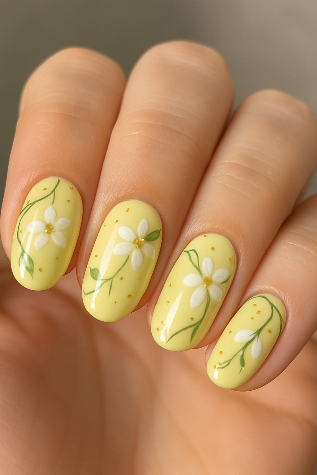 Yellow nails with white daisies and green leaves